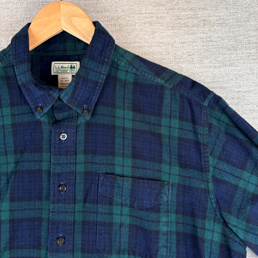 Vintage 90s L.L. Bean Mens Scotch Plaid Flannel Shirt XL Green Blue Black Cabin